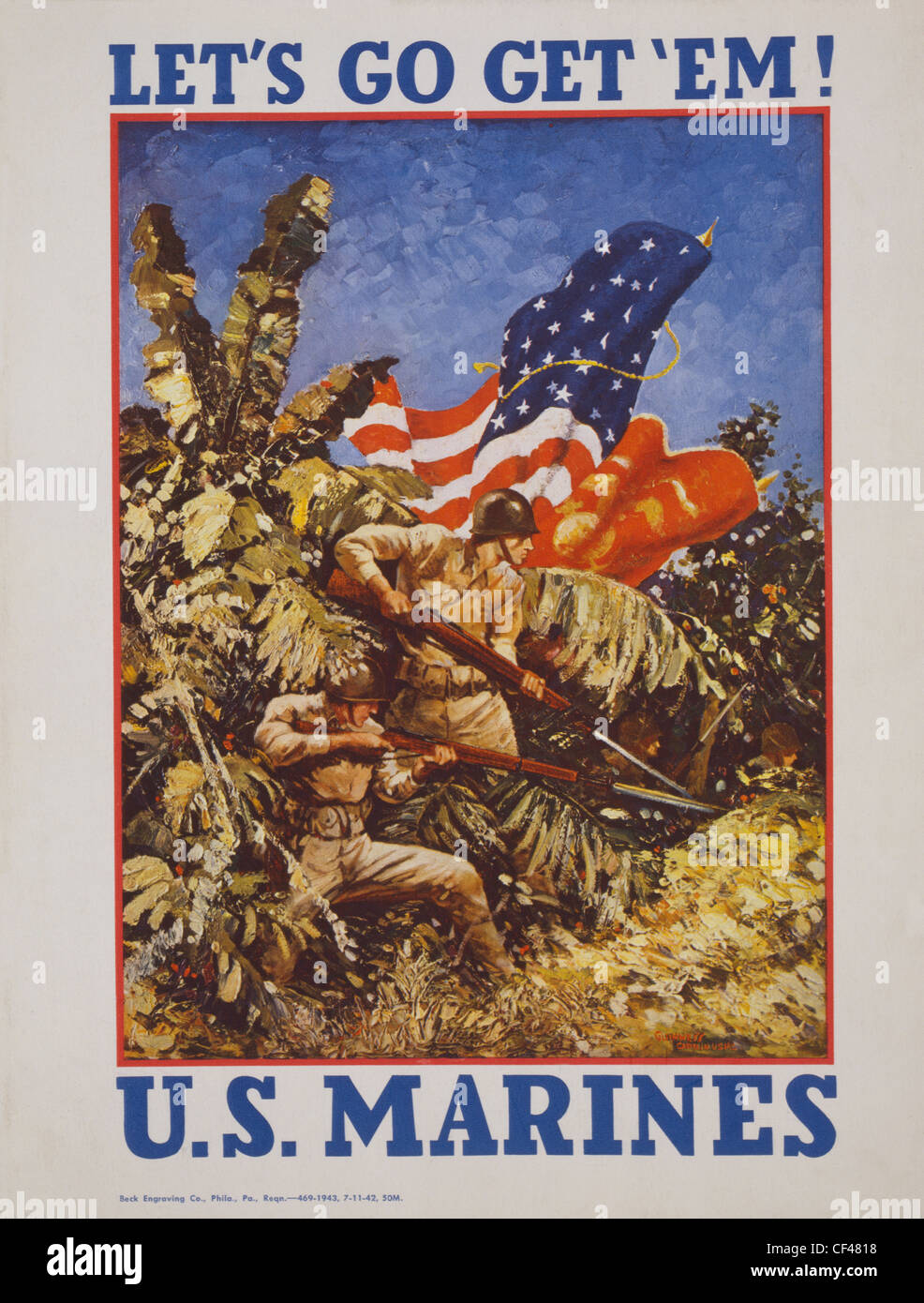 United States Marines Poster intitulé : Let's go get 'em montrant des fusils avec baïonnettes roulement Marines et les drapeaux dans une jungle. La DEUXIÈME GUERRE MONDIALE Banque D'Images