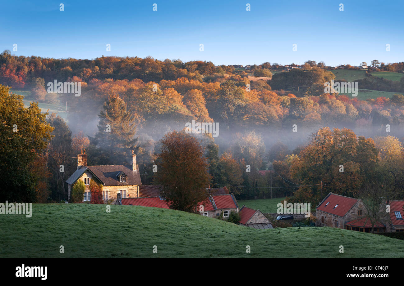 Brume matinale de le petit village de Egton Bridge et la campagne environnante. Banque D'Images