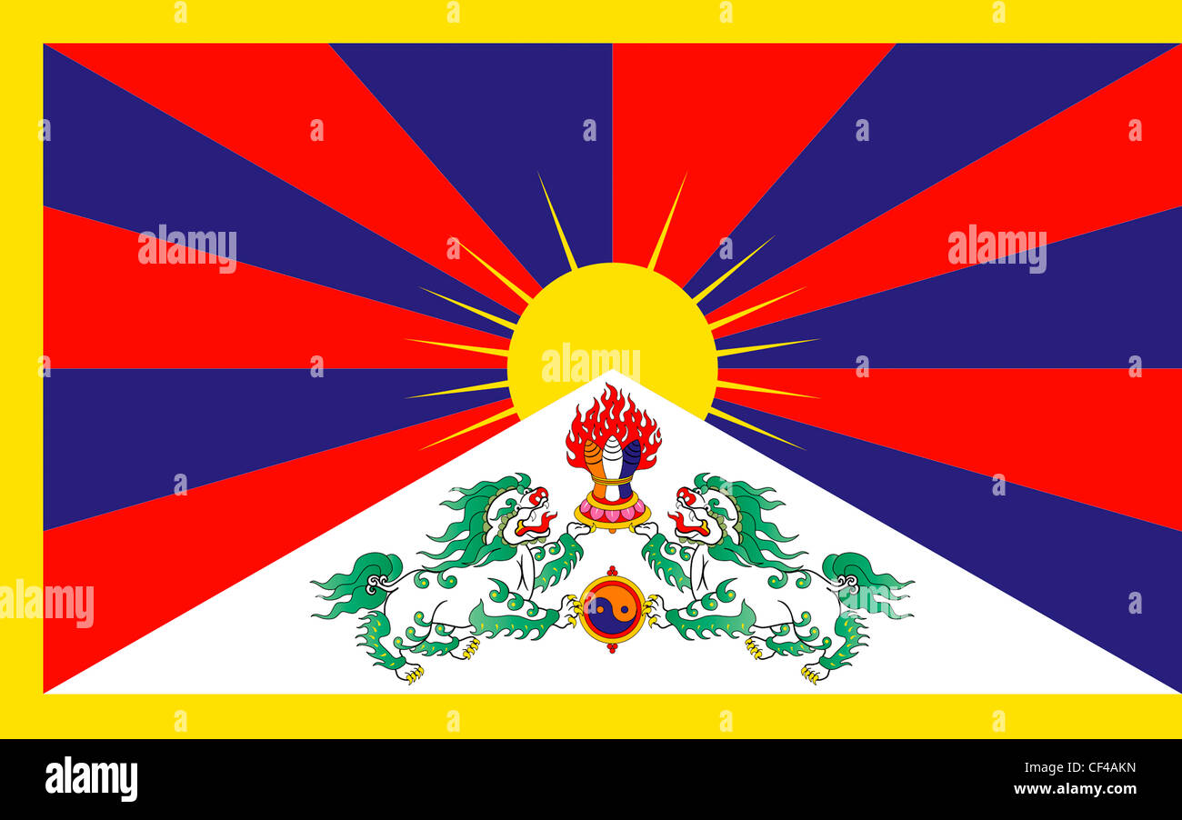 Drapeau du Tibet et le gouvernement en exil avec le siège à l'Inde. Banque D'Images