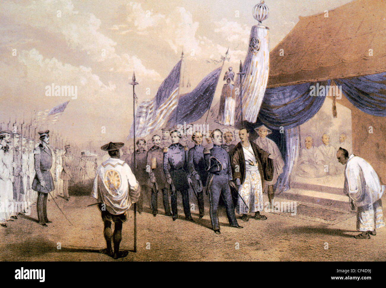 Le commodore Matthew Perry réunion la Commission impériale à Yokuhama, Japon 1853 Banque D'Images