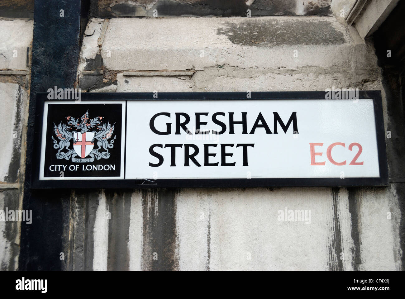 Gresham Street Ville de London EC2 street sign sur mur. Banque D'Images