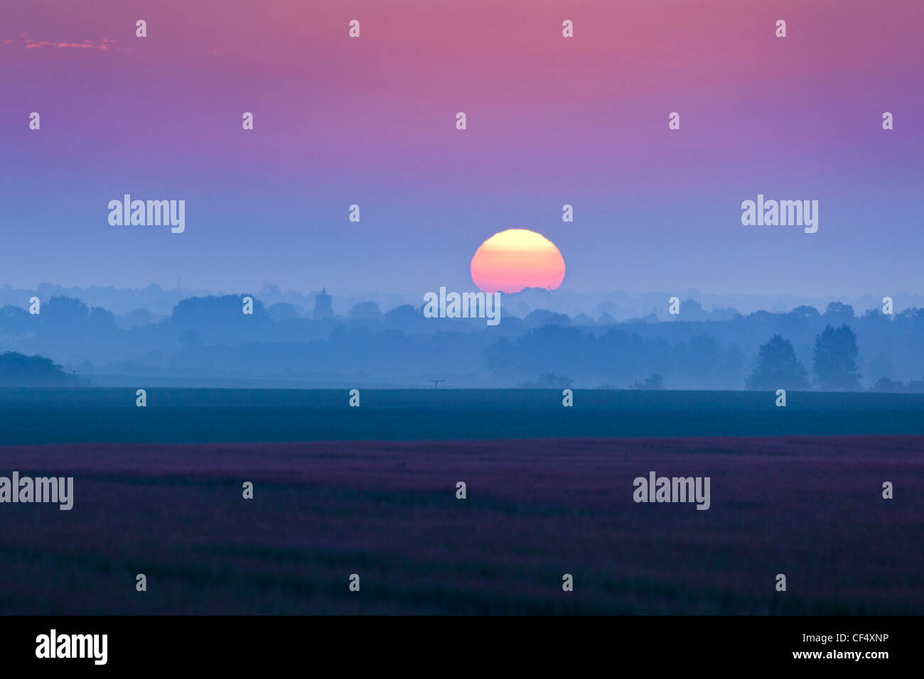 Le lever du soleil sur la campagne du Suffolk, près de Ixworth, UK Banque D'Images