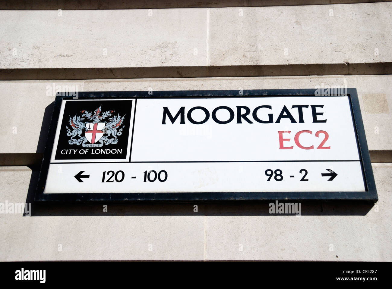 Moorgate CE2 Inscrivez-vous la ville de Londres. Banque D'Images