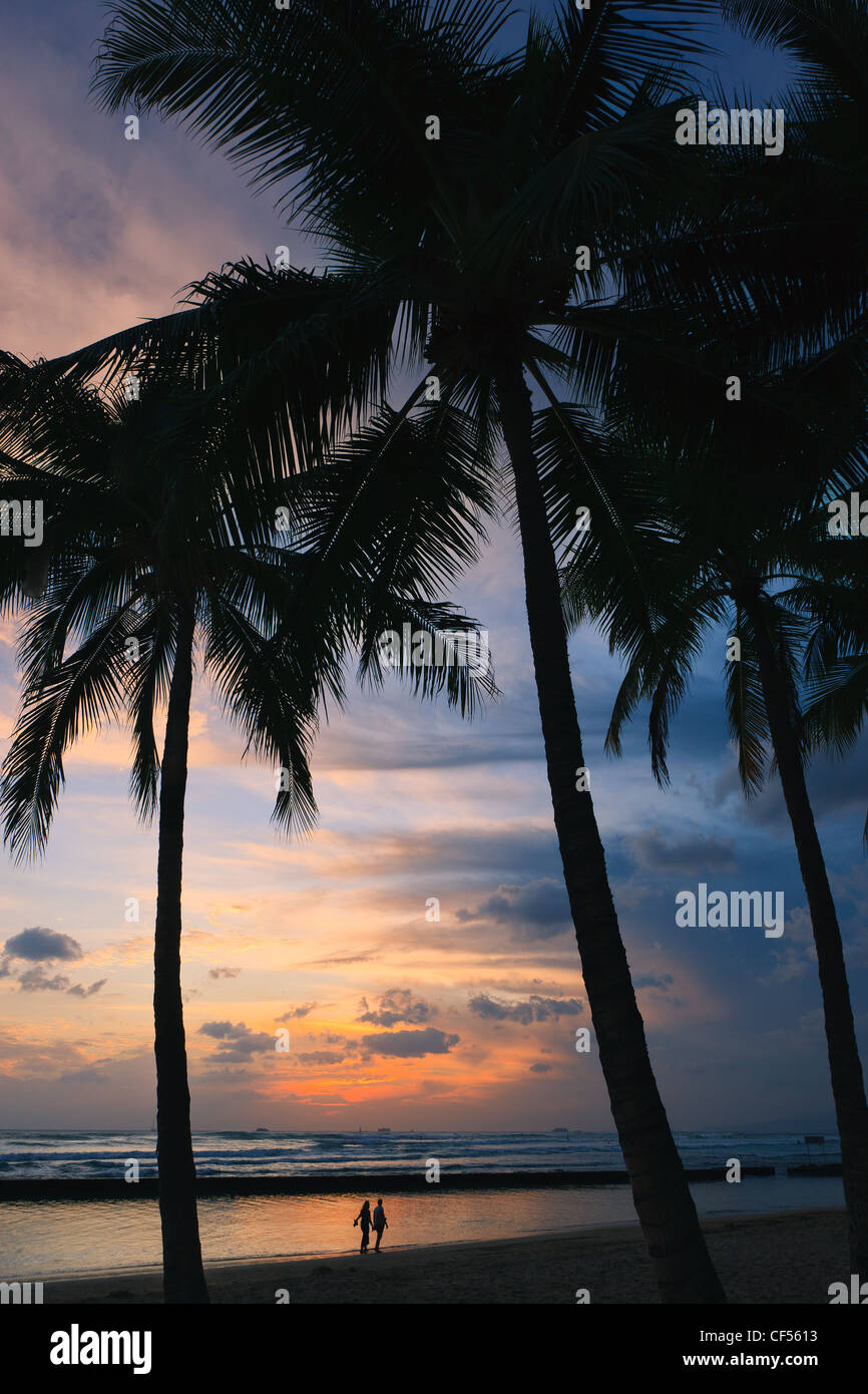 Coucher de Soleil Plage de Waikiki, Honolulu, Hawaii Banque D'Images