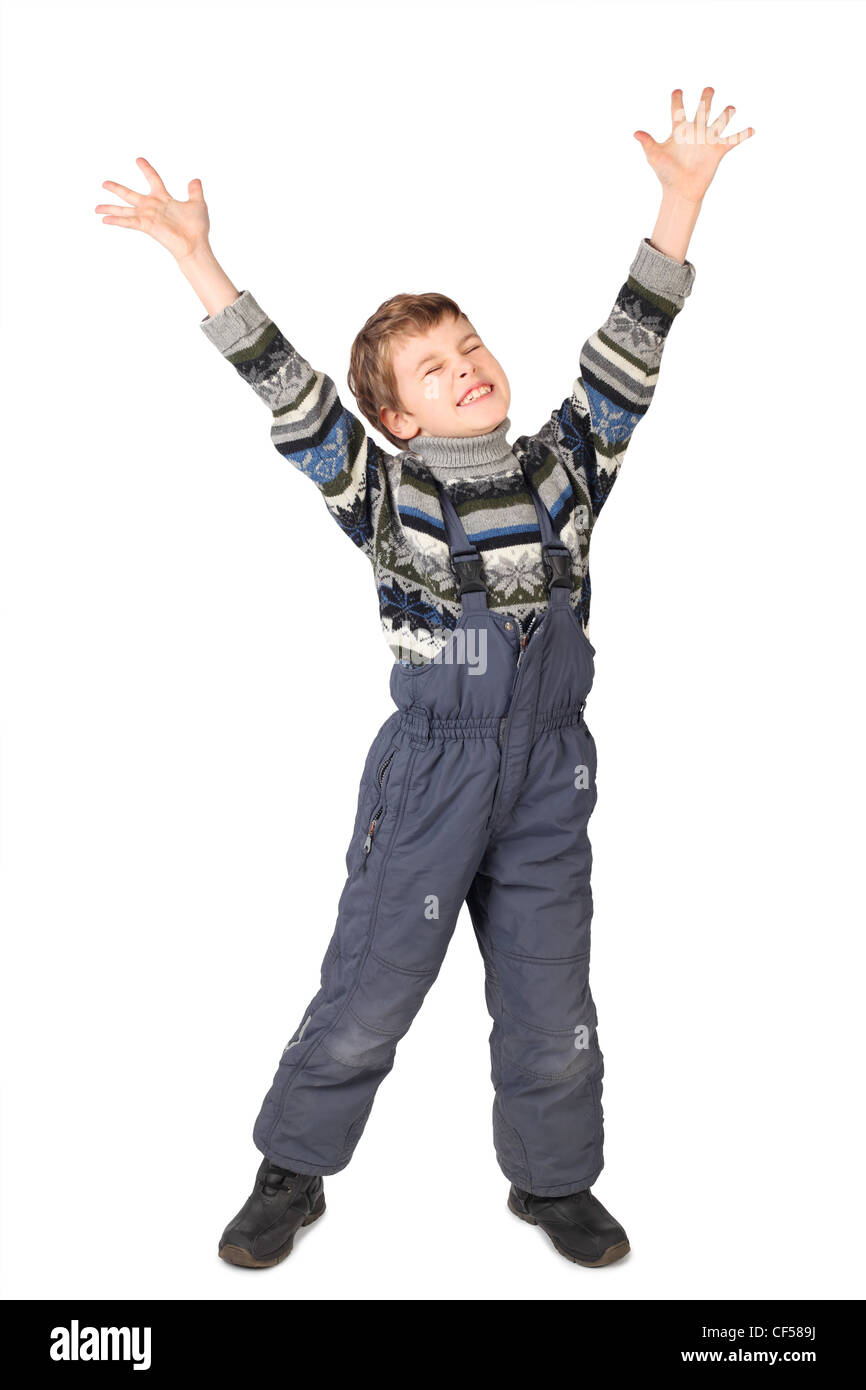 Petit garçon dans un complet-veston sourire et mit sa main jusqu'isolé sur  fond blanc Photo Stock - Alamy