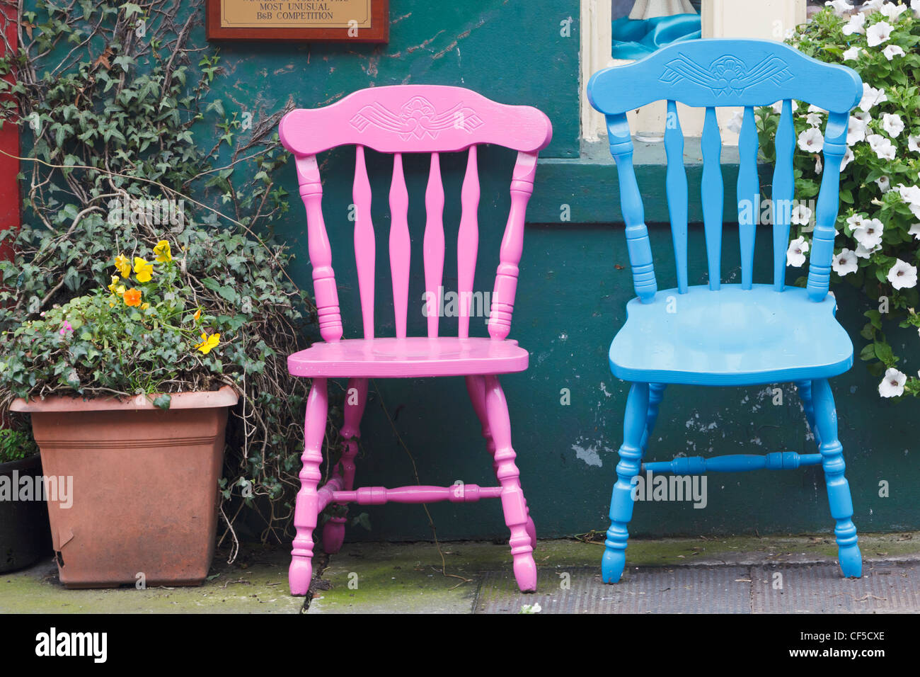 Chaises rose et bleu sur la rue Bridge House B & B, Skibbereen, comté de Cork, République d'Irlande. Banque D'Images