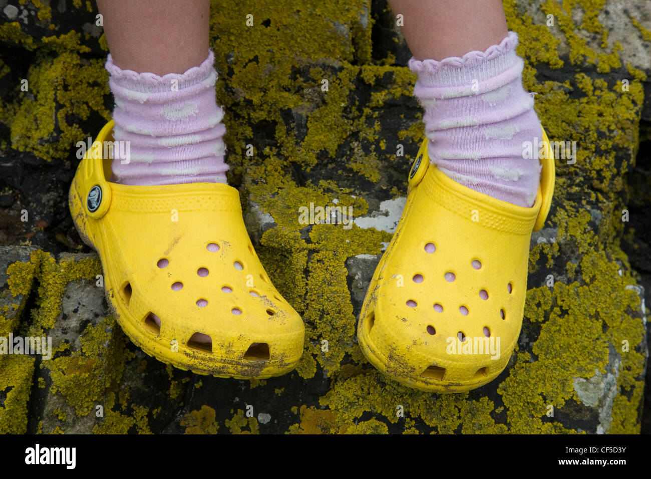 L'enfant jaune connu sous le nom de chaussures Crocs contre les lichens  jaunes contrastantes sur les rochers Photo Stock - Alamy