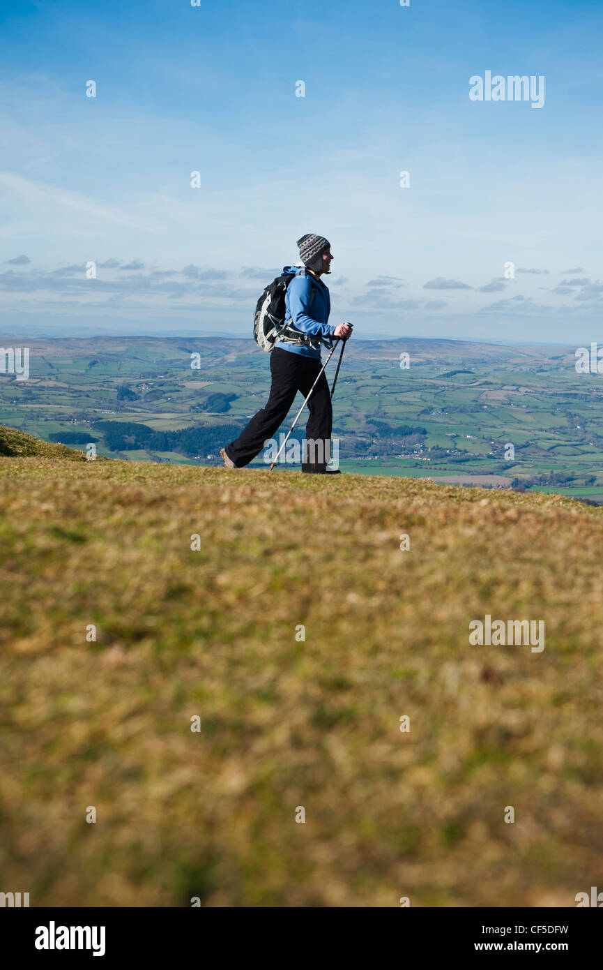 Female hiker randonnées près de Hay Bluff, les Black Mountains, parc national de Brecon Beacons, le Pays de Galles Banque D'Images