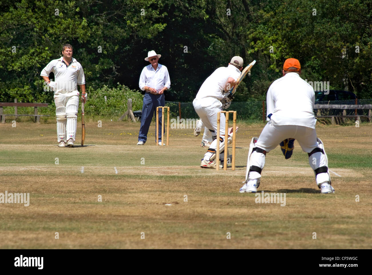 Cricket sur le village vert à Headley. Banque D'Images