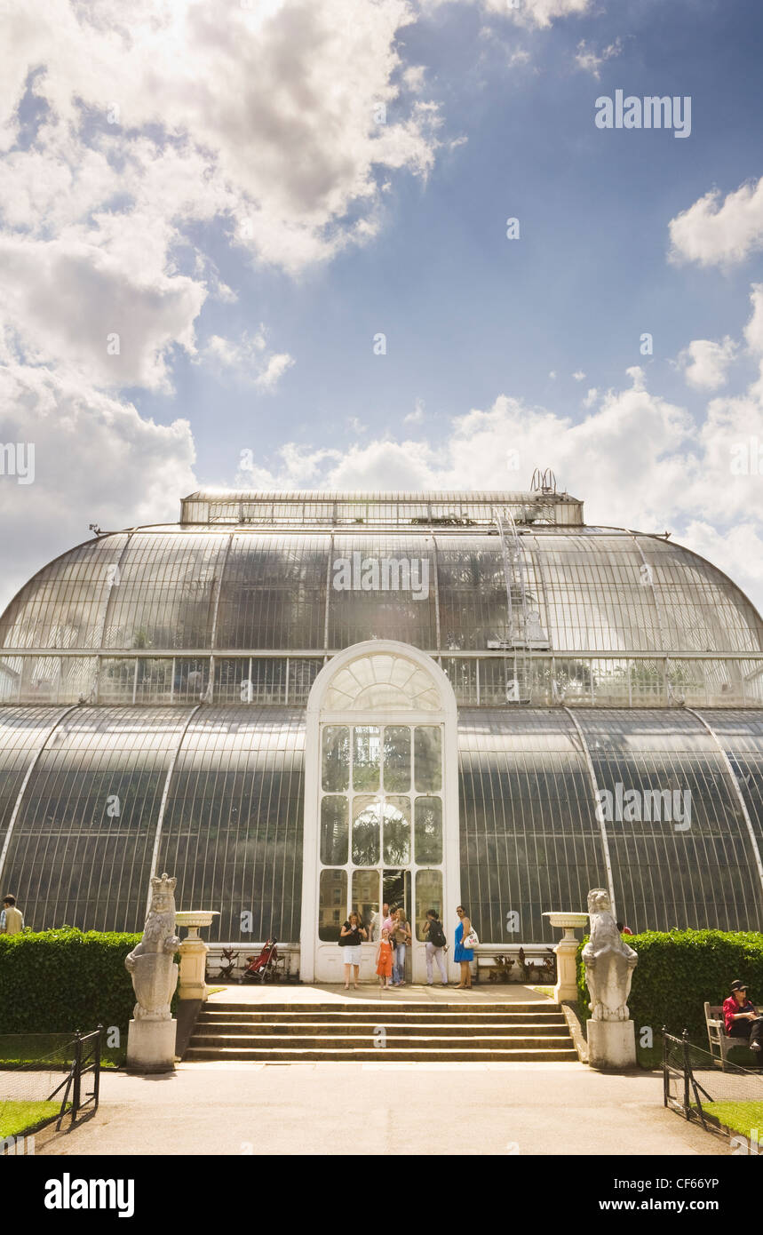 Entrée de la Palm House à Kew Gardens, le plus important du monde en verre et structure en fer de l'époque victorienne. Banque D'Images