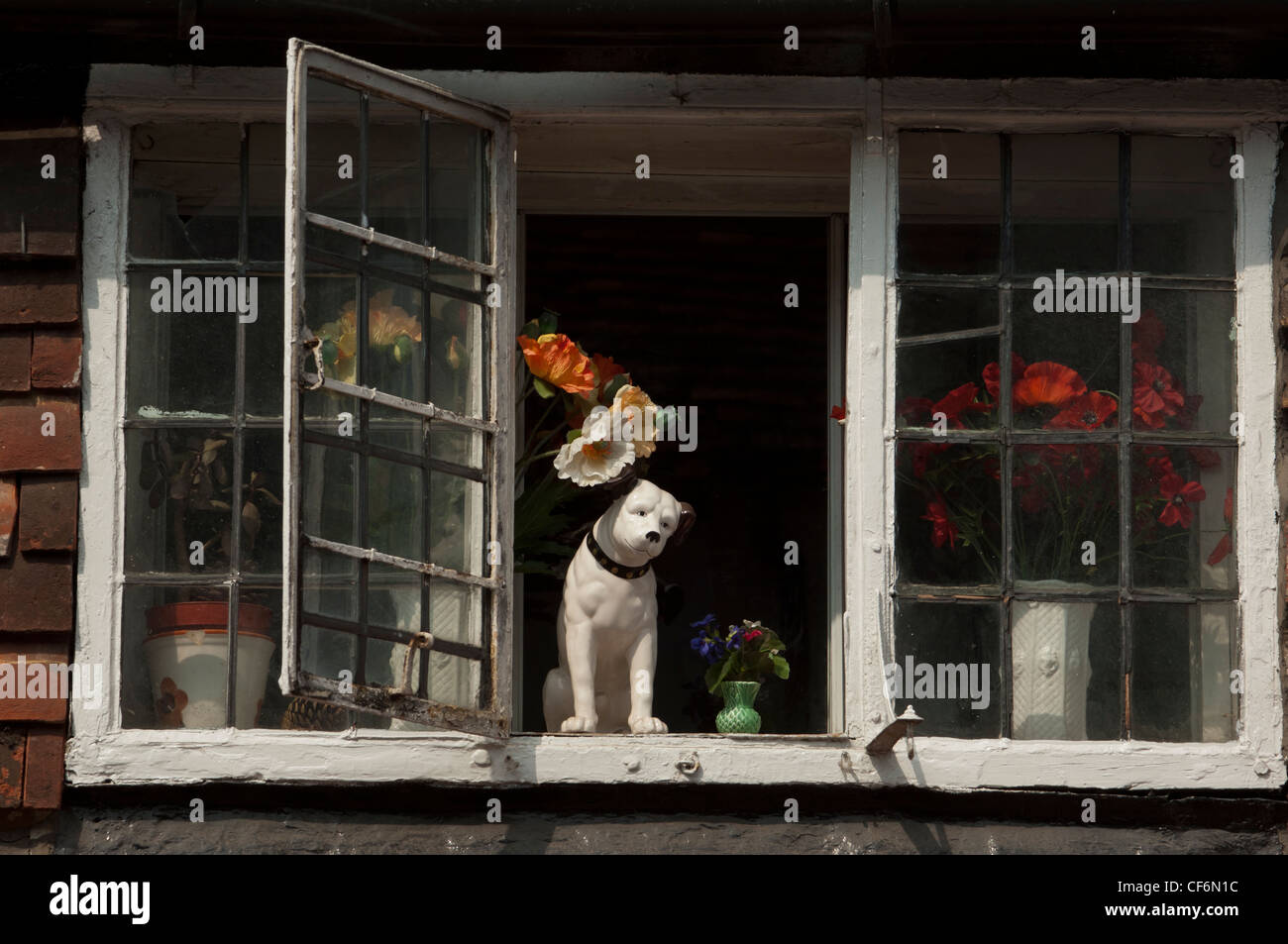Chien assis en porcelaine dans une fenêtre ouverte. Afriston village. Le Sussex. L'Angleterre Banque D'Images