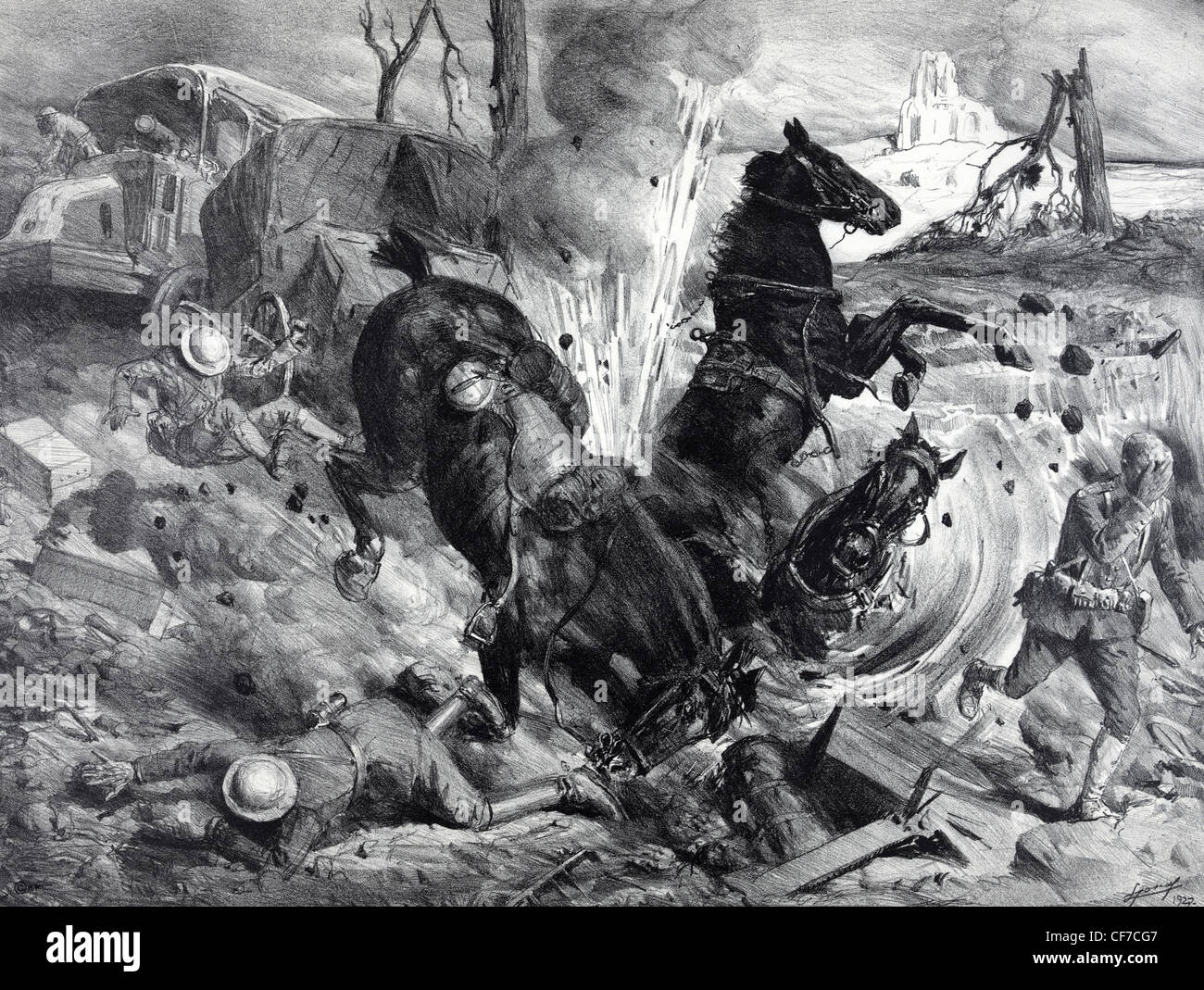 Chevaux et soldats frappant la bombe lors d'une bataille durant la Première Guerre mondiale. Banque D'Images Chevaux et soldats frappant la bombe lors d'une bataille durant la Première Guerre mondiale. Banque D'Images