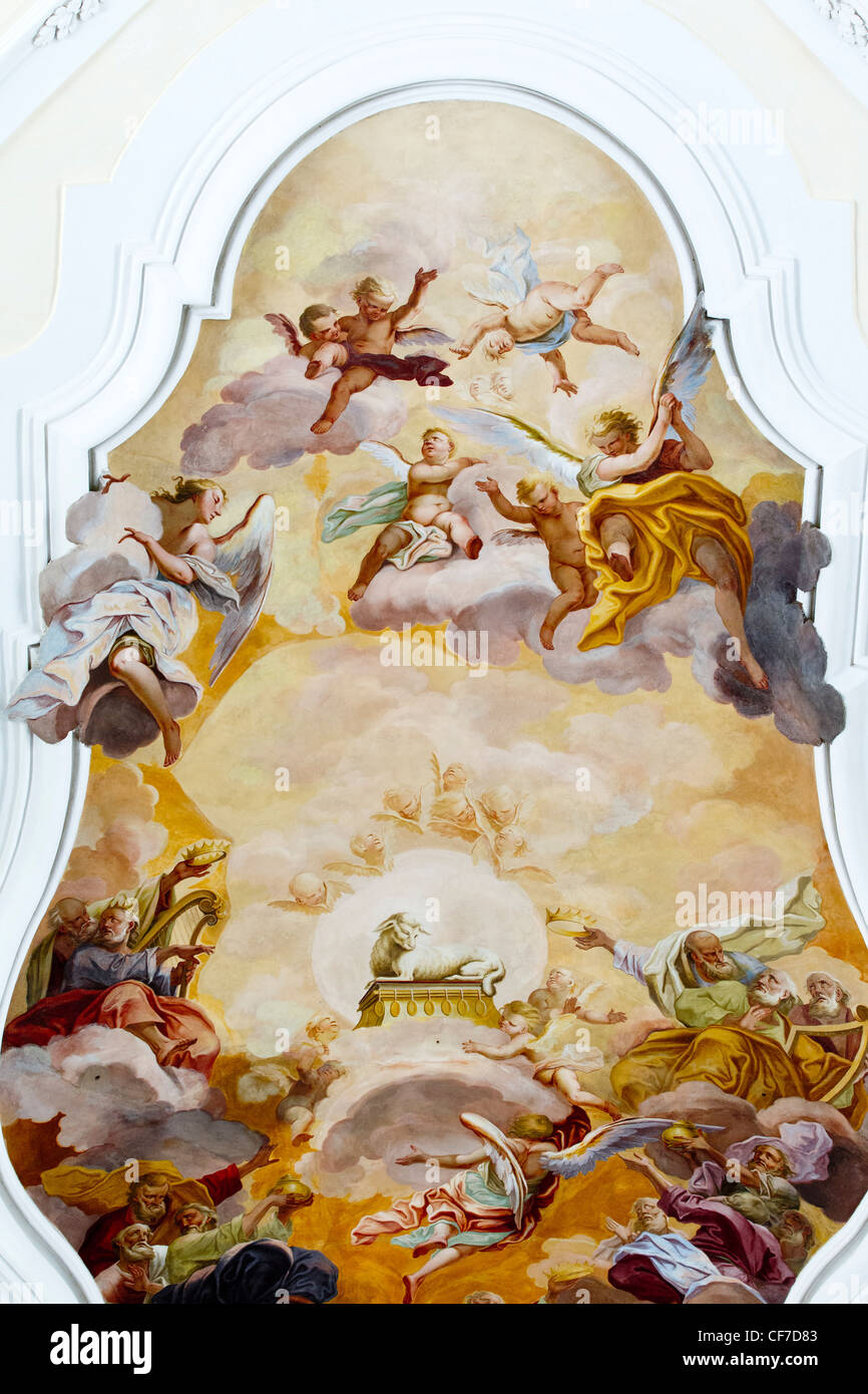 Intérieur de la Chiesa di San Carlo Borromeo al Corso dans Noto : fresque au plafond Banque D'Images Intérieur de la Chiesa di San Carlo Borromeo al Corso dans Noto : fresque au plafond Banque D'Images
