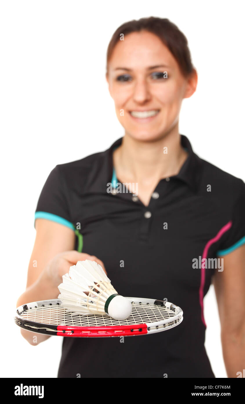 Smiling badminton player sur fond blanc Banque D'Images