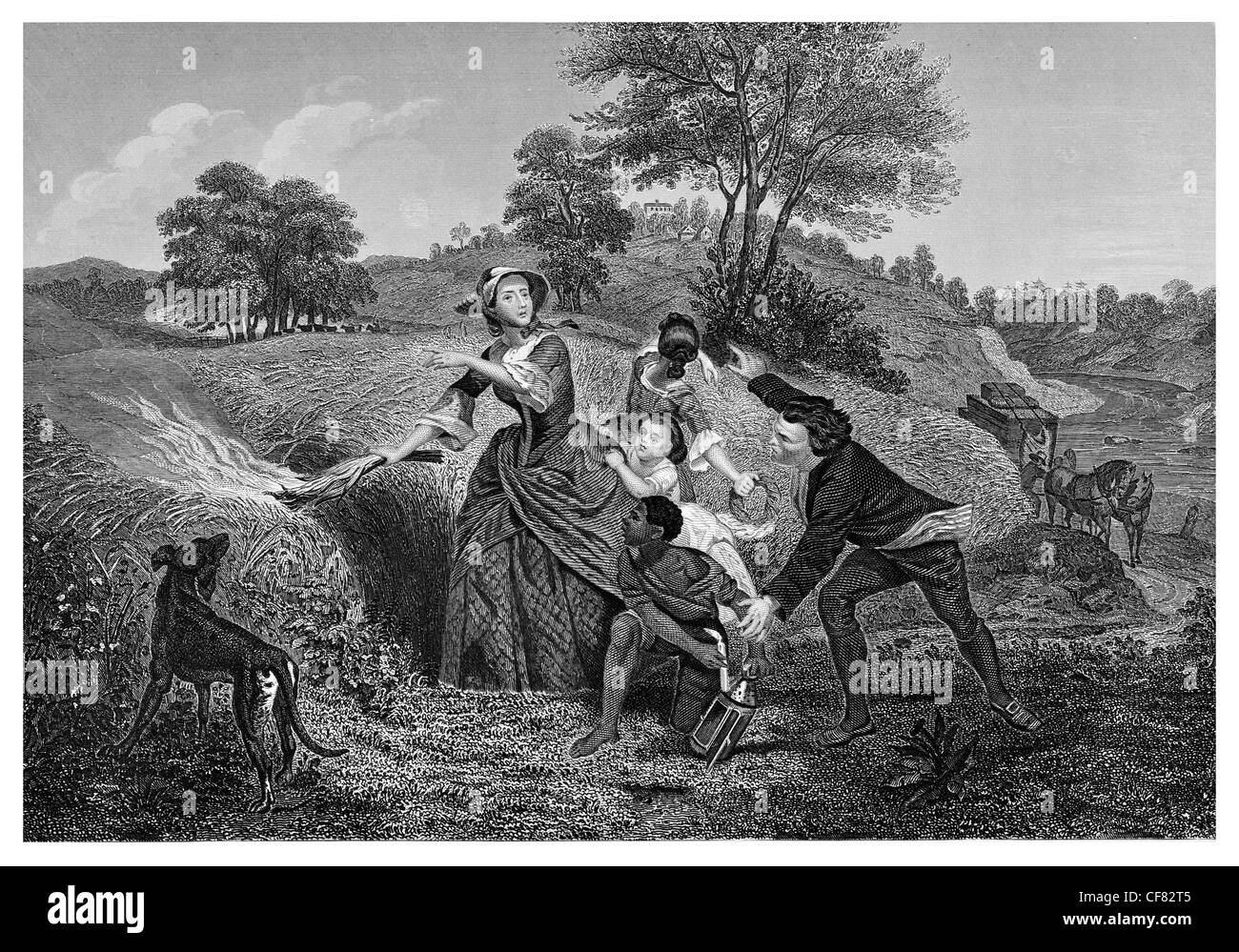 Mme Schuyler mettant le feu à des champs de maïs en 1777 contre Banque D'Images