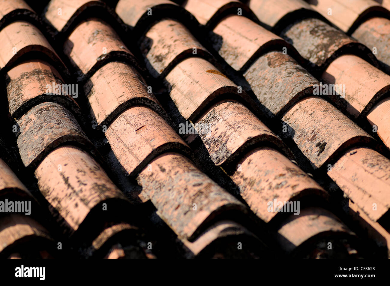 Vieux carreaux de terre cuite rouge couverture toit en Toscane motif de fond Banque D'Images