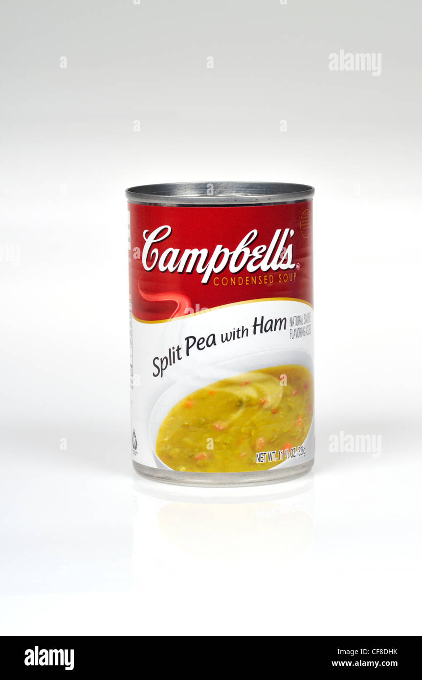 Étain non ouvert de Campbell's Soup aux pois cassés et jambon sur fond blanc découper des USA. Banque D'Images