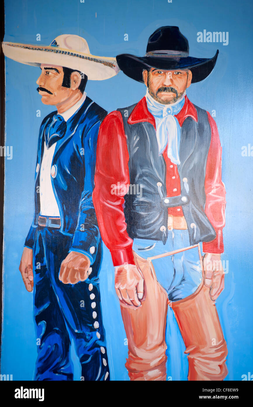 La peinture de la fenêtre de cuisine mexicaine et Cowboy Gringo Banque D'Images
