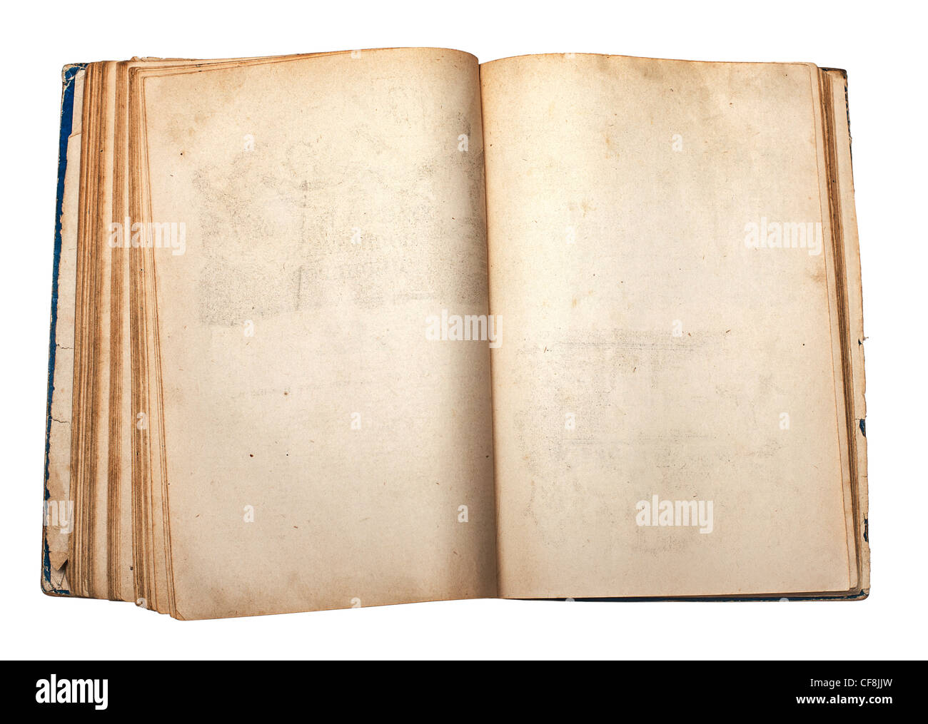 Un vieux livre ouvert sur fond blanc Banque D'Images