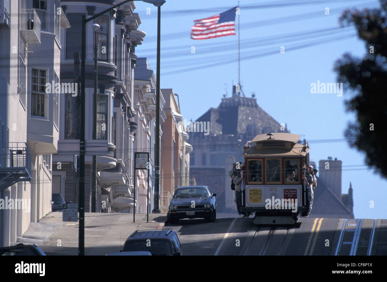 Téléphérique, Mason Street, San Francisco, Californie, USA, United States, Amérique, Hill, équitation, raide, les transports en commun et ca Banque D'Images