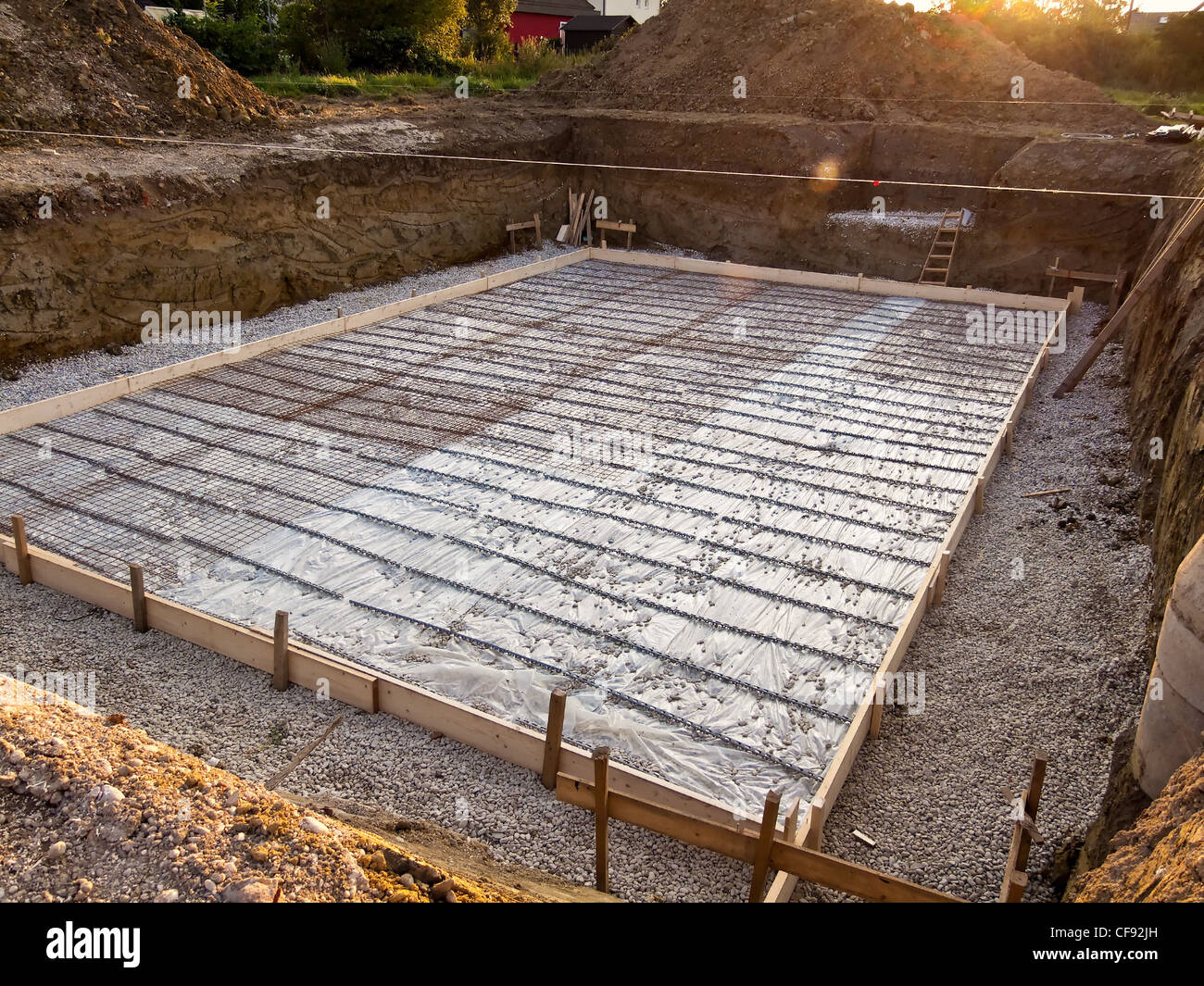 Dalle de fondation d'un sous-sol dans la construction de maison Banque D'Images