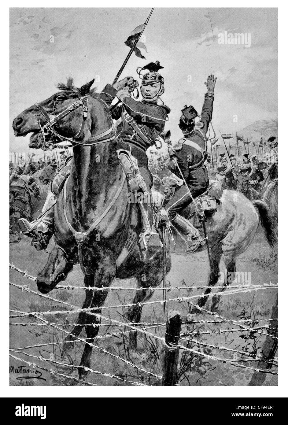 Cavalerie Uhlans barbelés à l'extérieur de la défense Liège armée impériale allemande front line champ de bataille Belgique charge sabre lance cheval Banque D'Images
