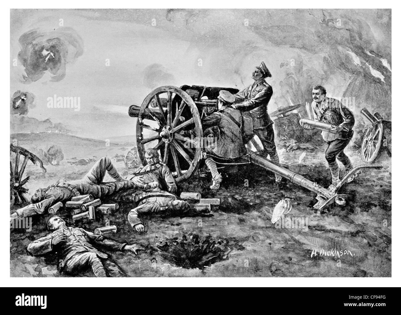 L Néry Royal Horse Artillery batterie groupe tactique de bombardement de l'Armée de terre 1er Régiment du champ de bataille en première ligne de tir sous le feu Banque D'Images