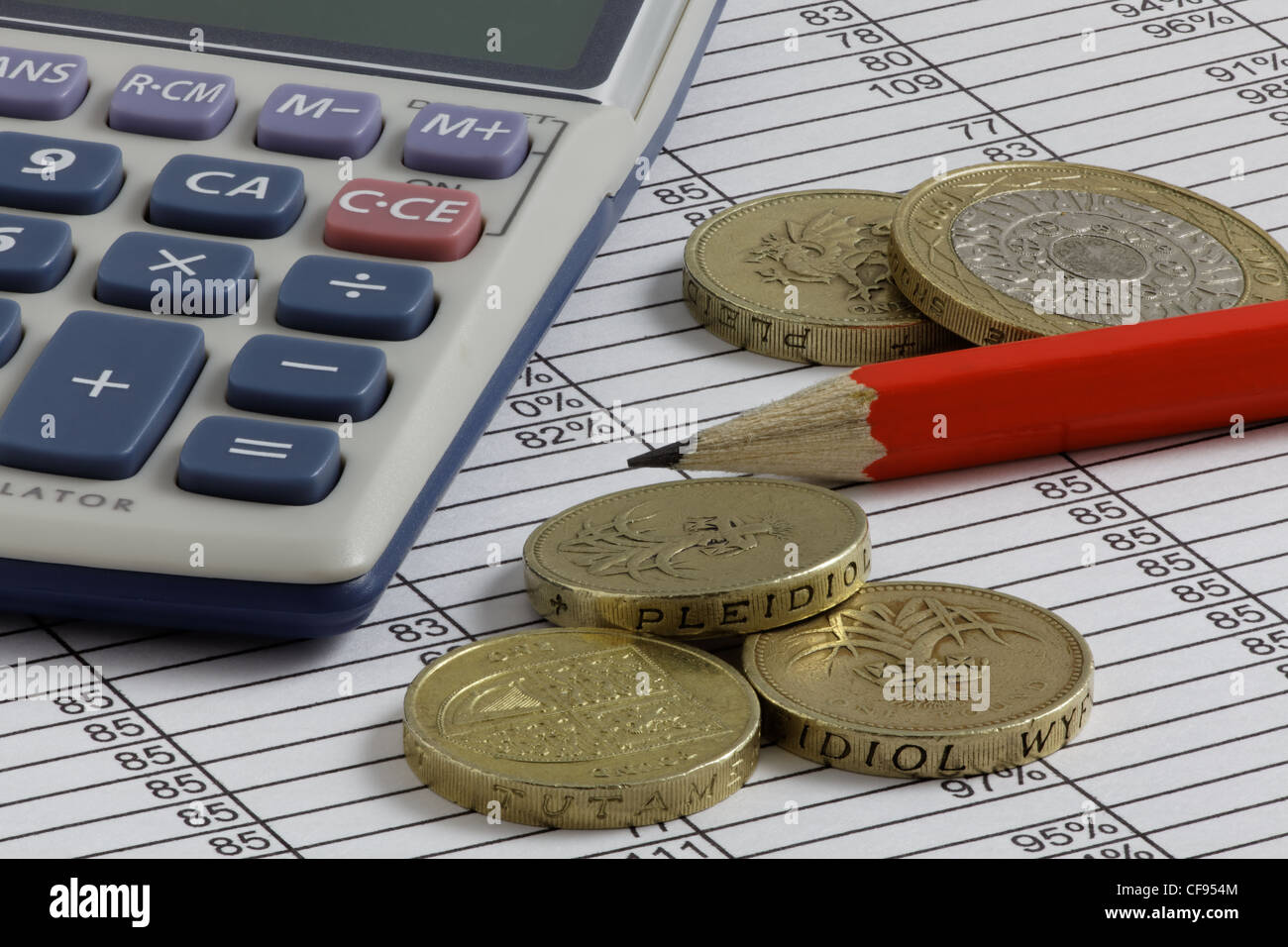 Un crayon,Calculatrice & Pièces Livre sur une feuille de calcul avec profondeur de champ étendue Banque D'Images