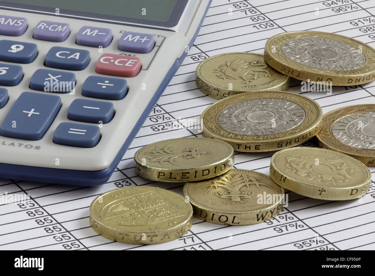 Calculatrice & Pièces Livre sur une feuille de calcul avec profondeur de champ étendue Banque D'Images