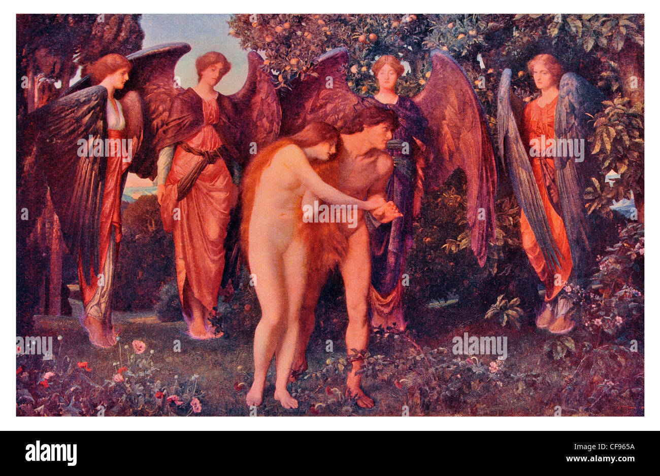 L'expulsion de l'Éden par Arthur T Nowell religion ange ailé fun evangile bible créationnisme création Jardin d'Eden Adam Eve Banque D'Images