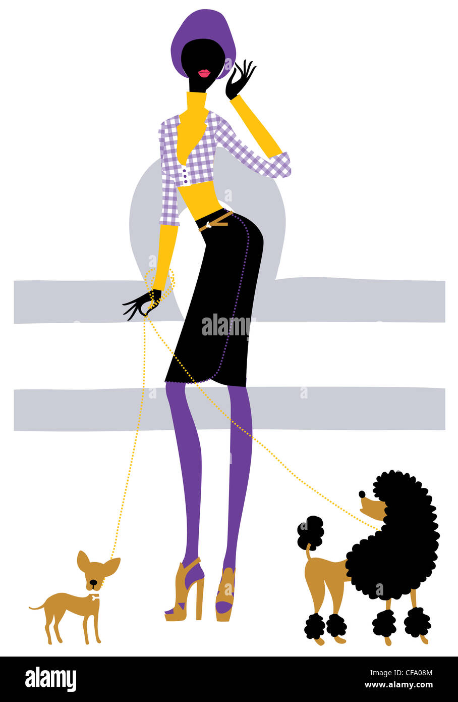 Une illustration d'une femme, portant un haut jaune, chemise à carreaux, jupe crayon noir, violet-pourpre, hat et stiletto Banque D'Images