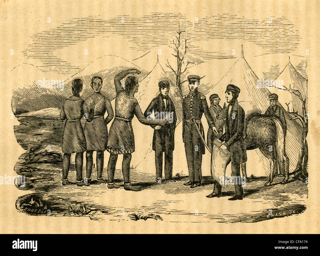 1849 gravure. John Charles Frémont cherche un guide indien pour le conduire dans la neige des montagnes de la Sierra Nevada, CA. Banque D'Images 1849 gravure. John Charles Frémont cherche un guide indien pour le conduire dans la neige des montagnes de la Sierra Nevada, CA. Banque D'Images