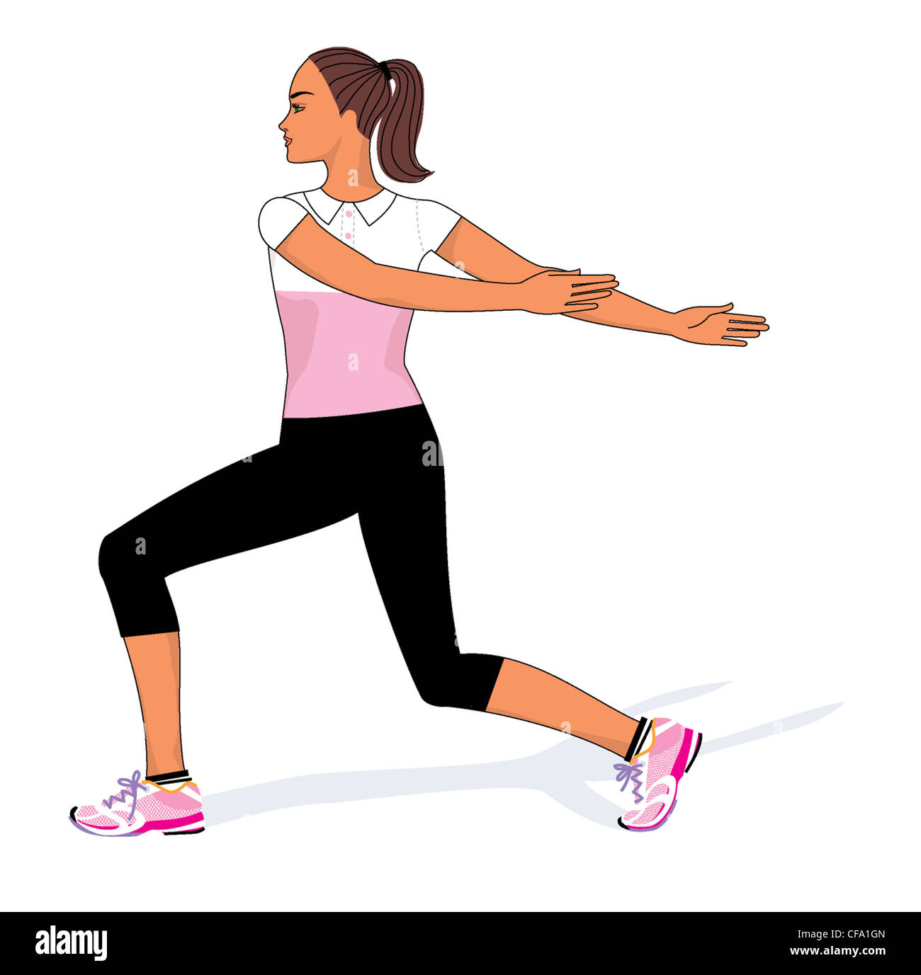 Une illustration d'une femme brunette en attacher les cheveux queue de cheval, portant un t-shirt blanc et rose, noir et leggings recadrée Banque D'Images