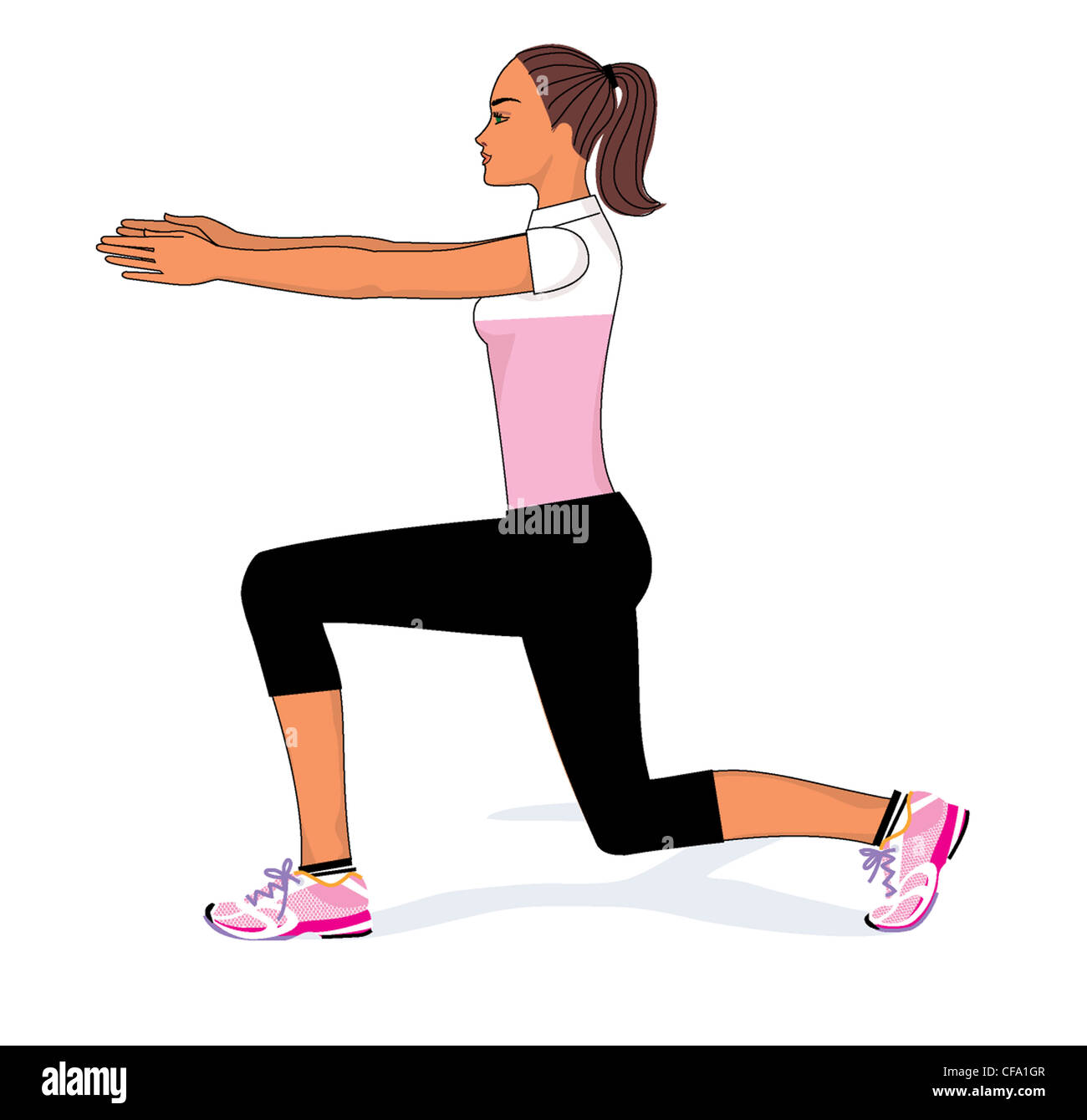 Une illustration d'une femme brunette en attacher les cheveux queue de cheval, portant un t-shirt blanc et rose, noir et leggings recadrée Banque D'Images