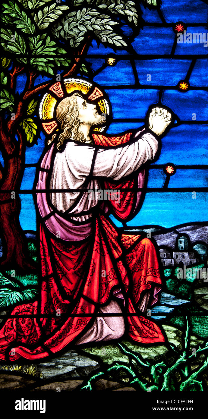 Vitrail de l'église mémorial du Christ de Kauai. Cette fenêtre est intitulée le Christ à Gethsémani. Banque D'Images