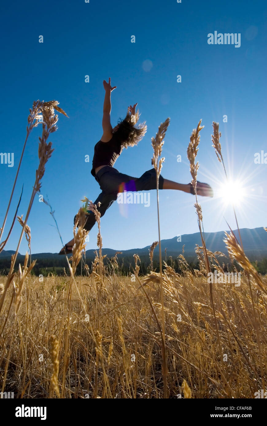 Danseuse dans les champs avec du soleil, de la Colombie-Britannique, Canada. Banque D'Images