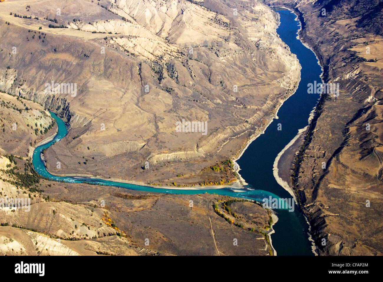 Vue aérienne de la jonction des rivières Chilcotin & Fraser en Colombie-Britannique, Canada Banque D'Images