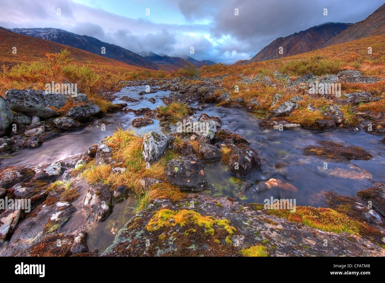 Le cours supérieur de la rivière Klondike qui sortent du lac diviser, Tombstone, Yukon, Canada Banque D'Images