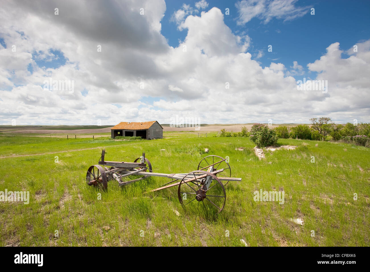 Vieux wagon sur ferme abandonnée près de Val Marie, Saskatchewan, Canada. Banque D'Images