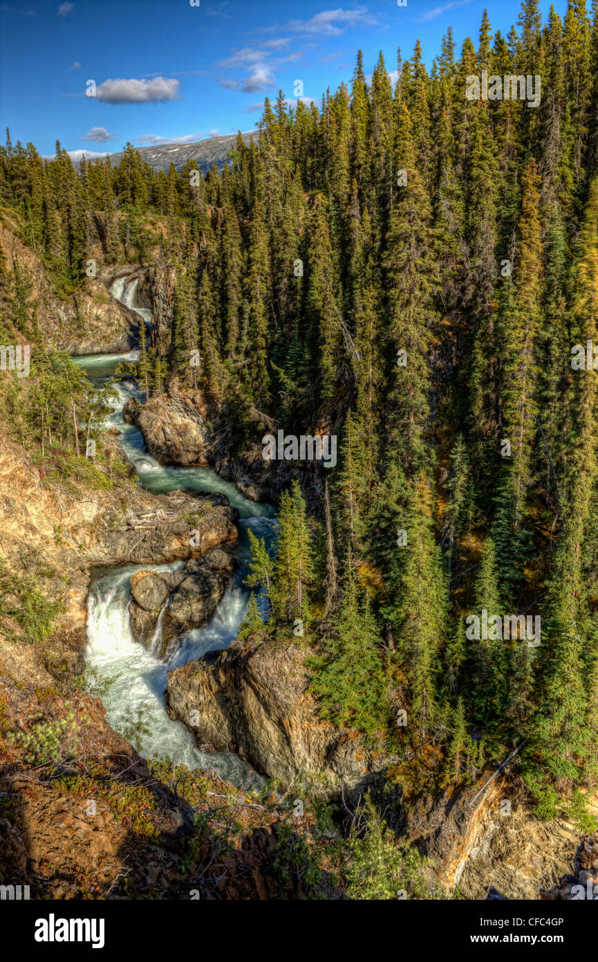 Flux haute Creek sur de nombreuses cascades, il serpente vers le lac Atlin, Atlin, en Colombie-Britannique, Canada. Banque D'Images