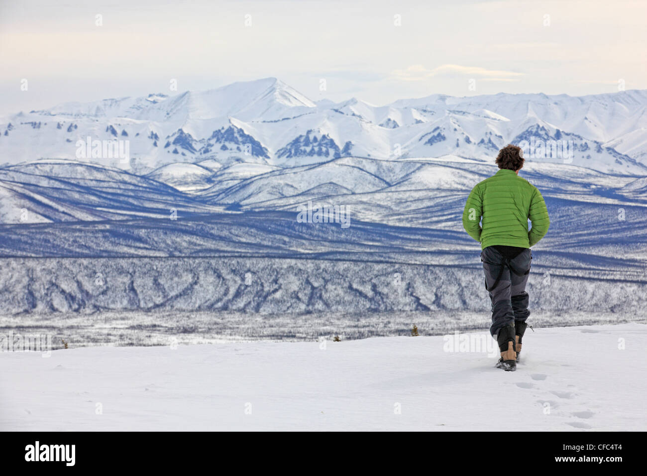 Personne à marcher vers le bord de neige avec les montagnes Ogilvie dans la distance, Dempster, Territoire du Yukon, Canada. Banque D'Images