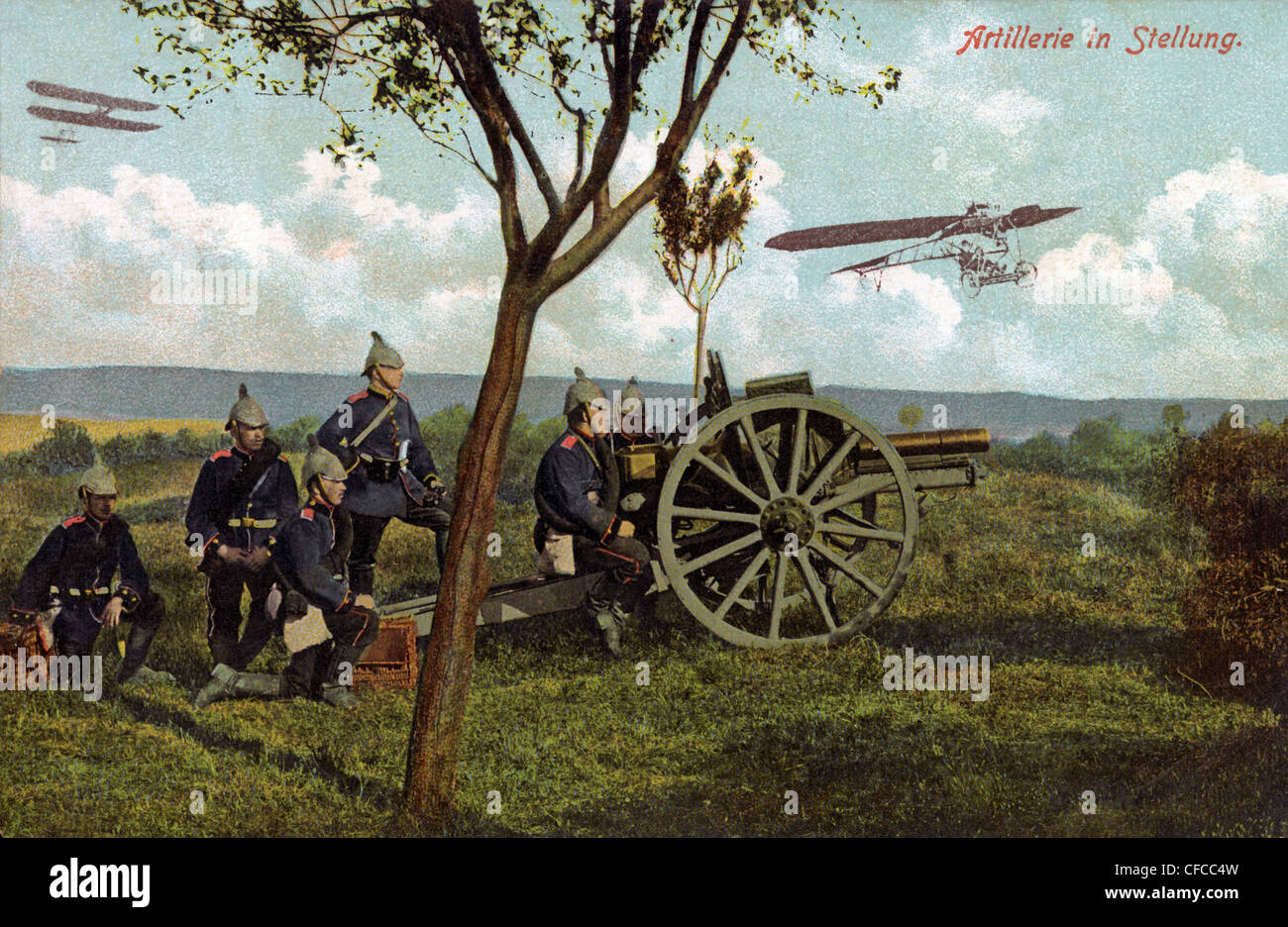 L'artillerie, avion, biplan, batterie, Allemand, soldat, armée, militaire, l'Allemagne, l'obusier, cannon, manœuvre, pente, 1914, World Banque D'Images