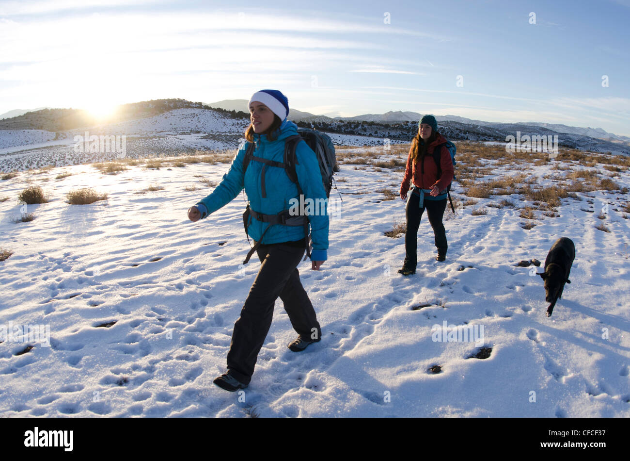 Deux femmes de la randonnée dans la Sierra Foothills à l'extérieur du lac Tahoe, en Californie. Banque D'Images