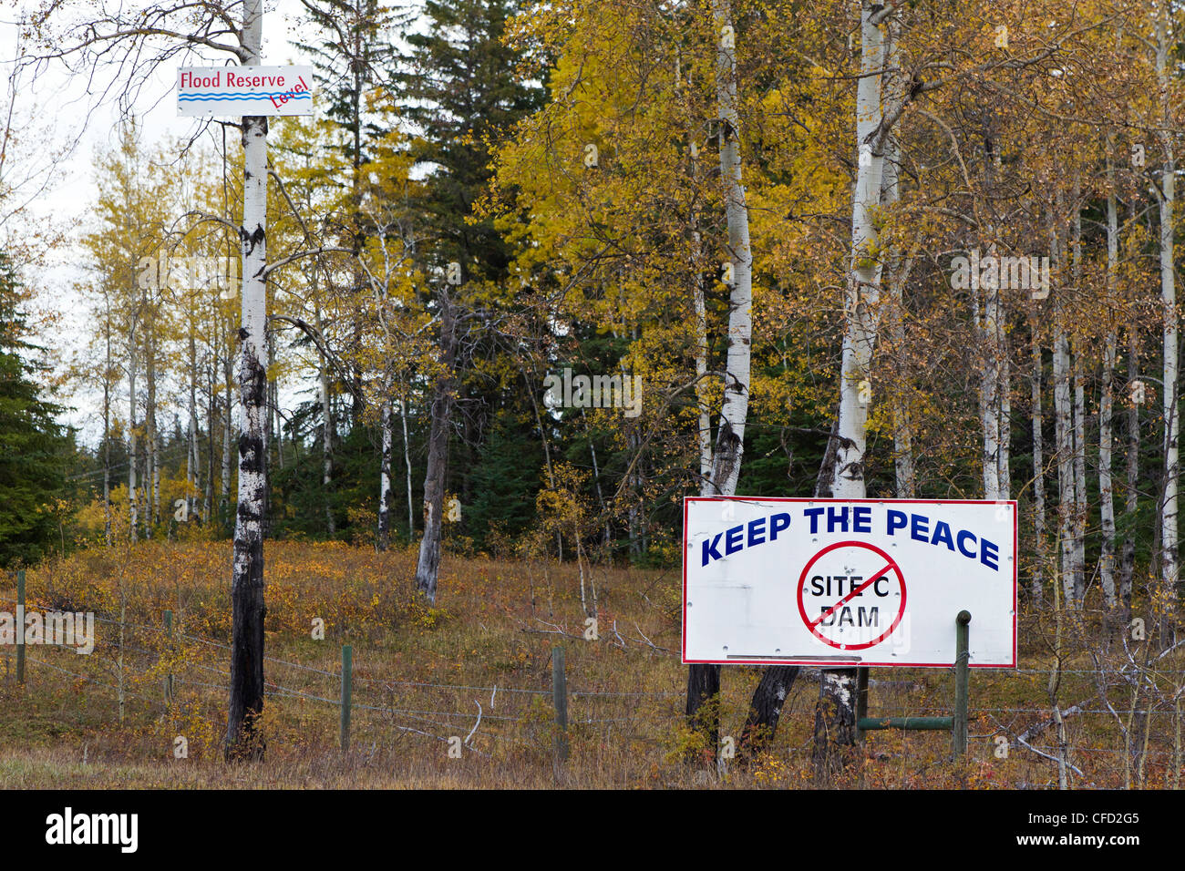 Inscrivez-protestant contre le site C dam proposé pour la rivière de la paix, le long de la route 29 dans la vallée de la paix, en Colombie-Britannique, Canada Banque D'Images