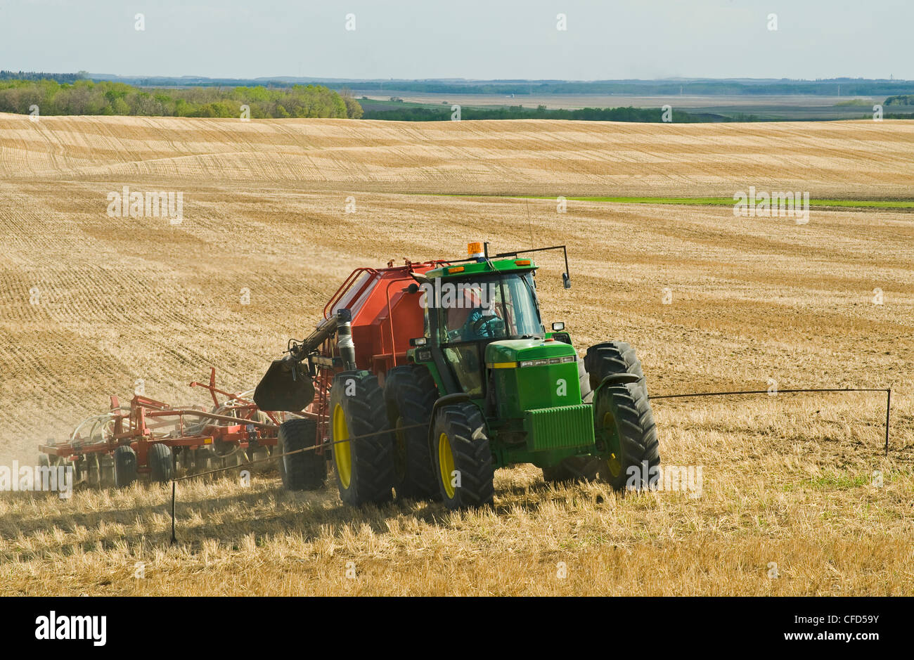 Déplacer le tracteur et l'air jusqu'à la plantation semoir dans un canola jusqu'à zéro les chaumes de blé champ, Bruxelles, Manitoba, Canada Banque D'Images