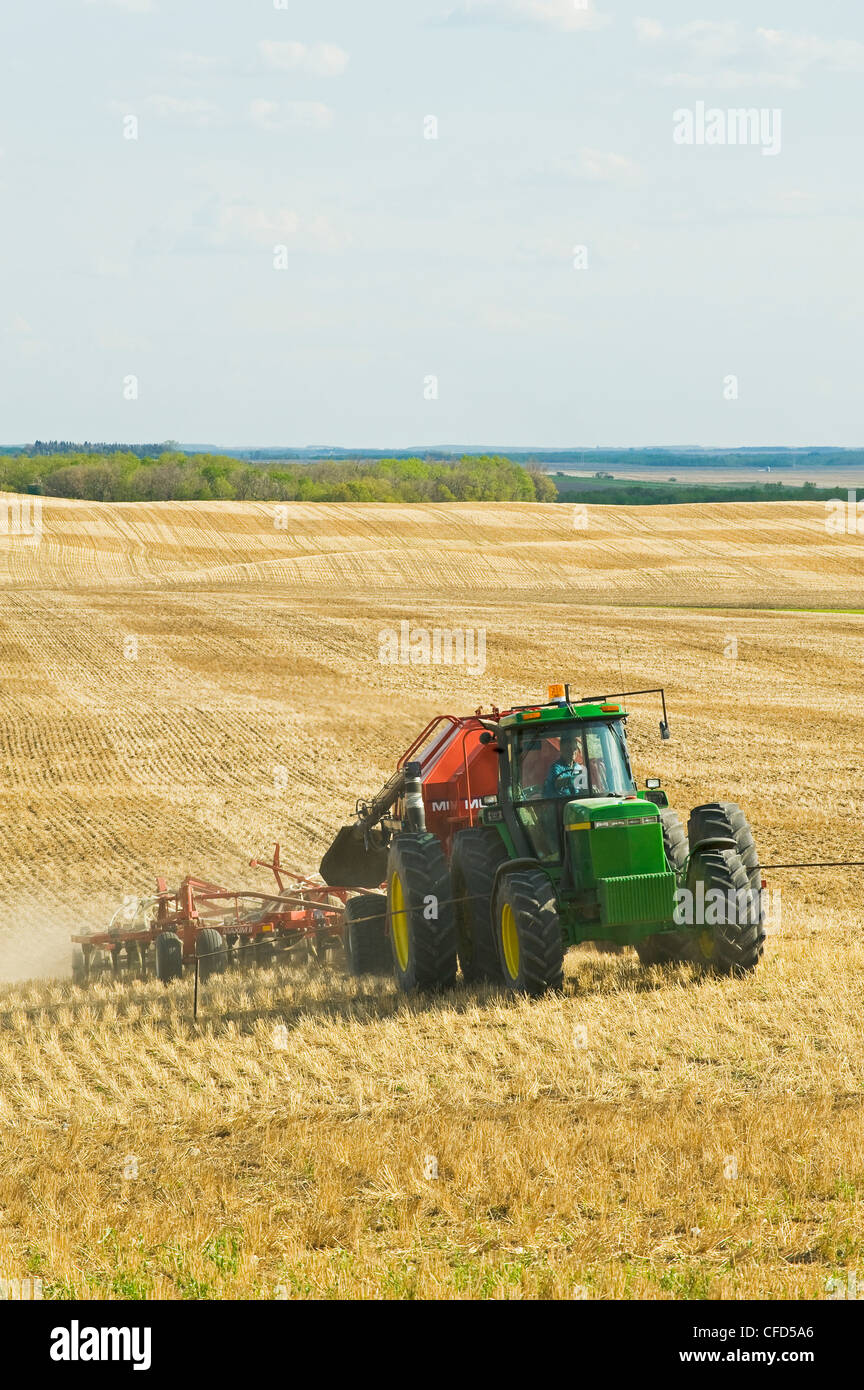 Déplacer le tracteur et l'air jusqu'à la plantation semoir dans un canola jusqu'à zéro les chaumes de blé champ, Bruxelles, Manitoba, Canada Banque D'Images