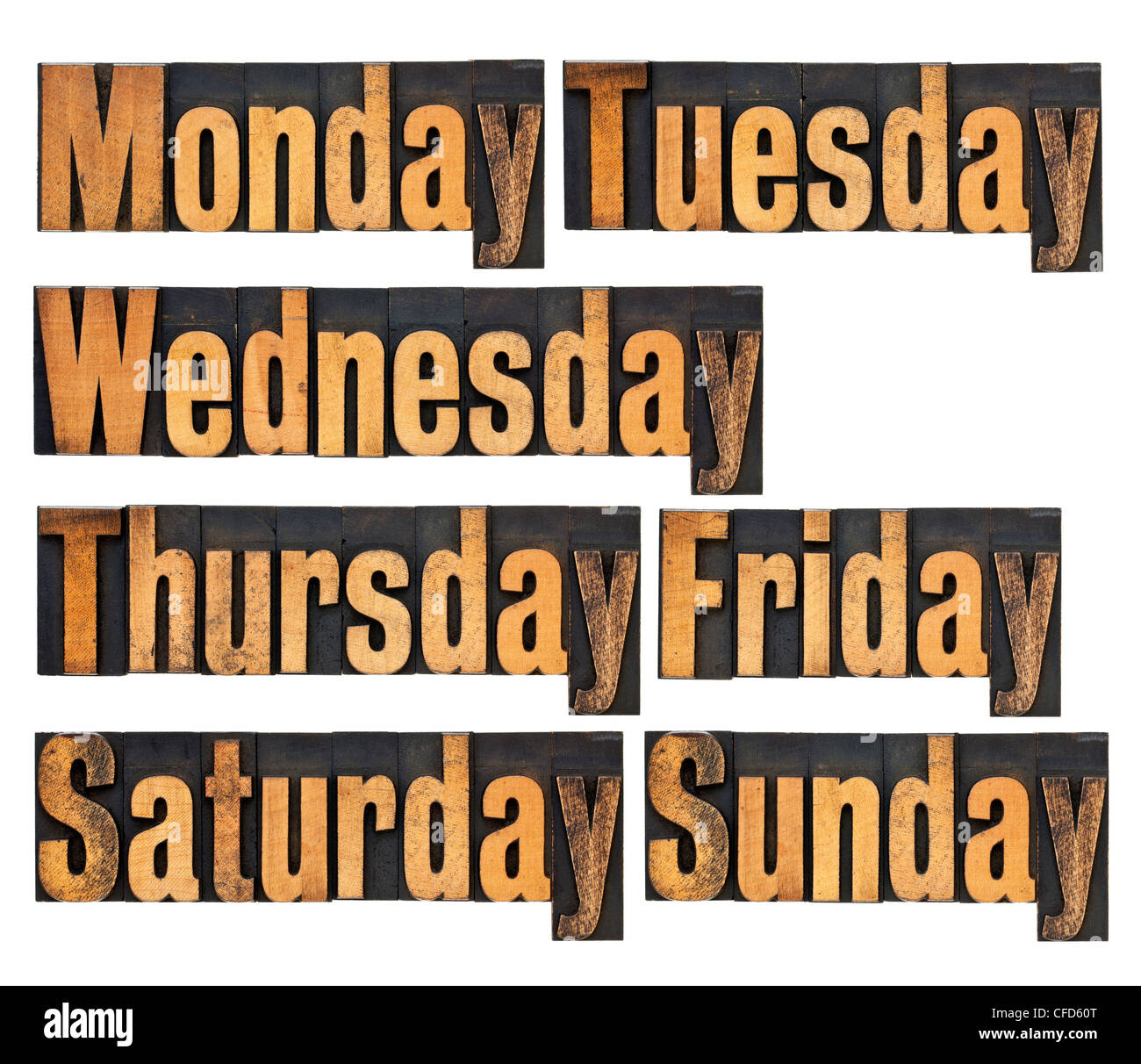 Sept jours de semaine du lundi au dimanche - un collage de mots isolés dans la typographie vintage type de bois Banque D'Images