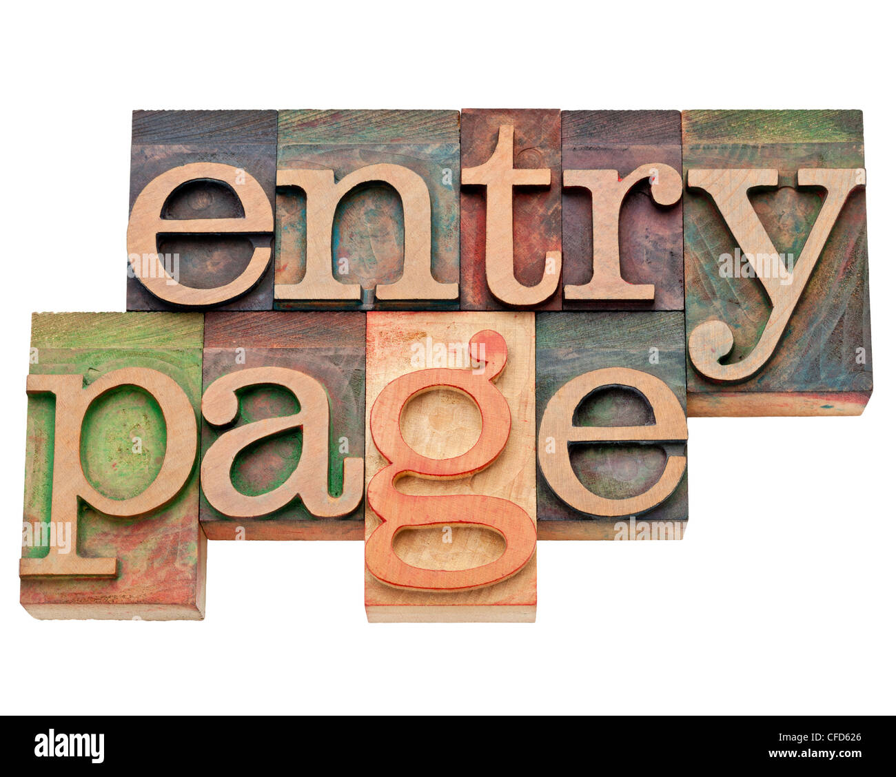 Page d'entrée - internet concept - texte isolé en bois vintage type typogravure, tachée par les encres couleur Banque D'Images