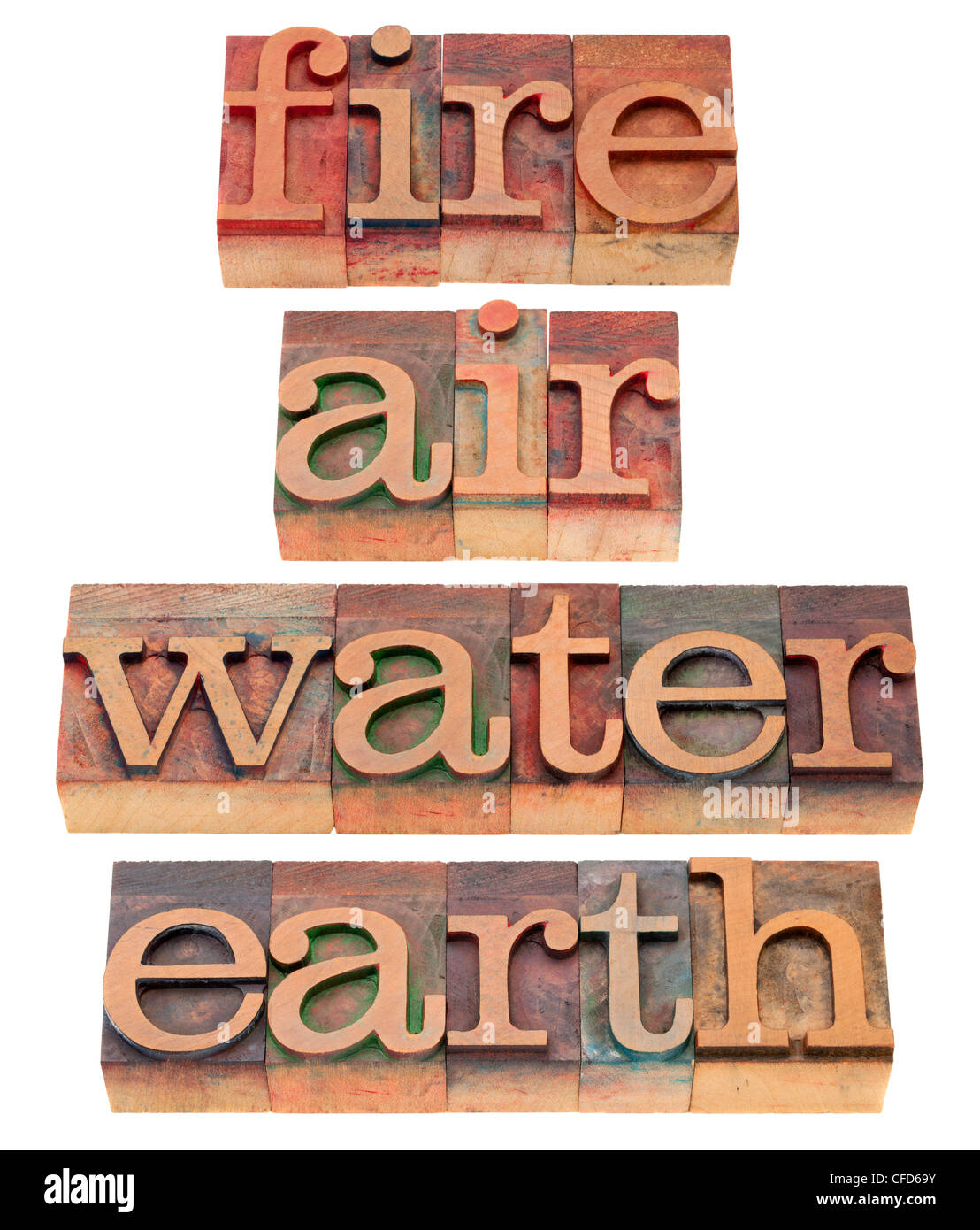 quatre elements classiques de la philosophie grecque feu air eau et terre mots en typographie vintage blocs en bois photo stock alamy
