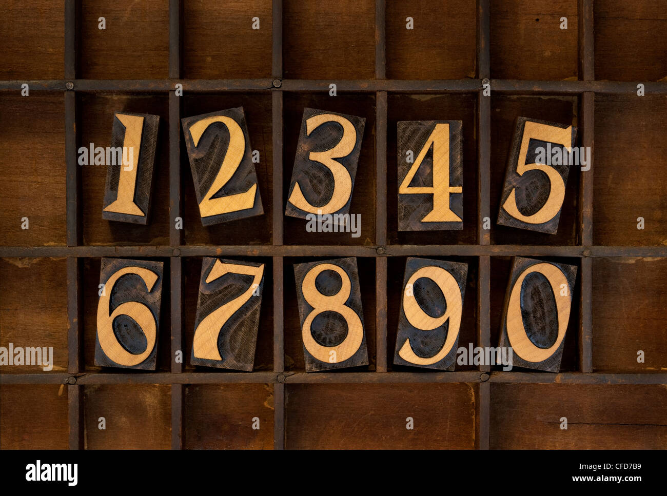 Dix chiffres arabes de zéro à neuf, vintage bois blocs typographiques, tachés par l'encre noire dans le vieux typographe cas Banque D'Images